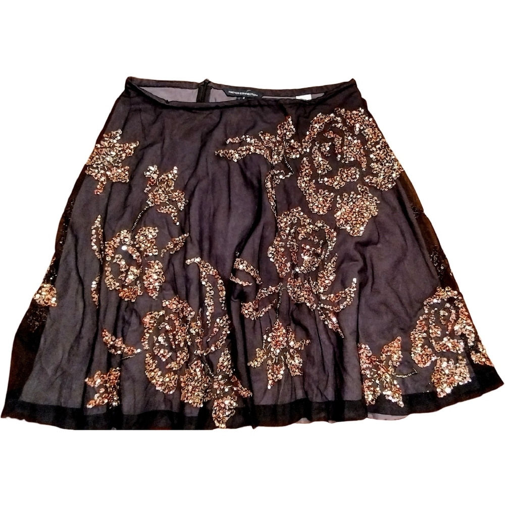 French Connection Tulle Midi Skirt, Sequined Floral Design Skirt,Size 8, Black